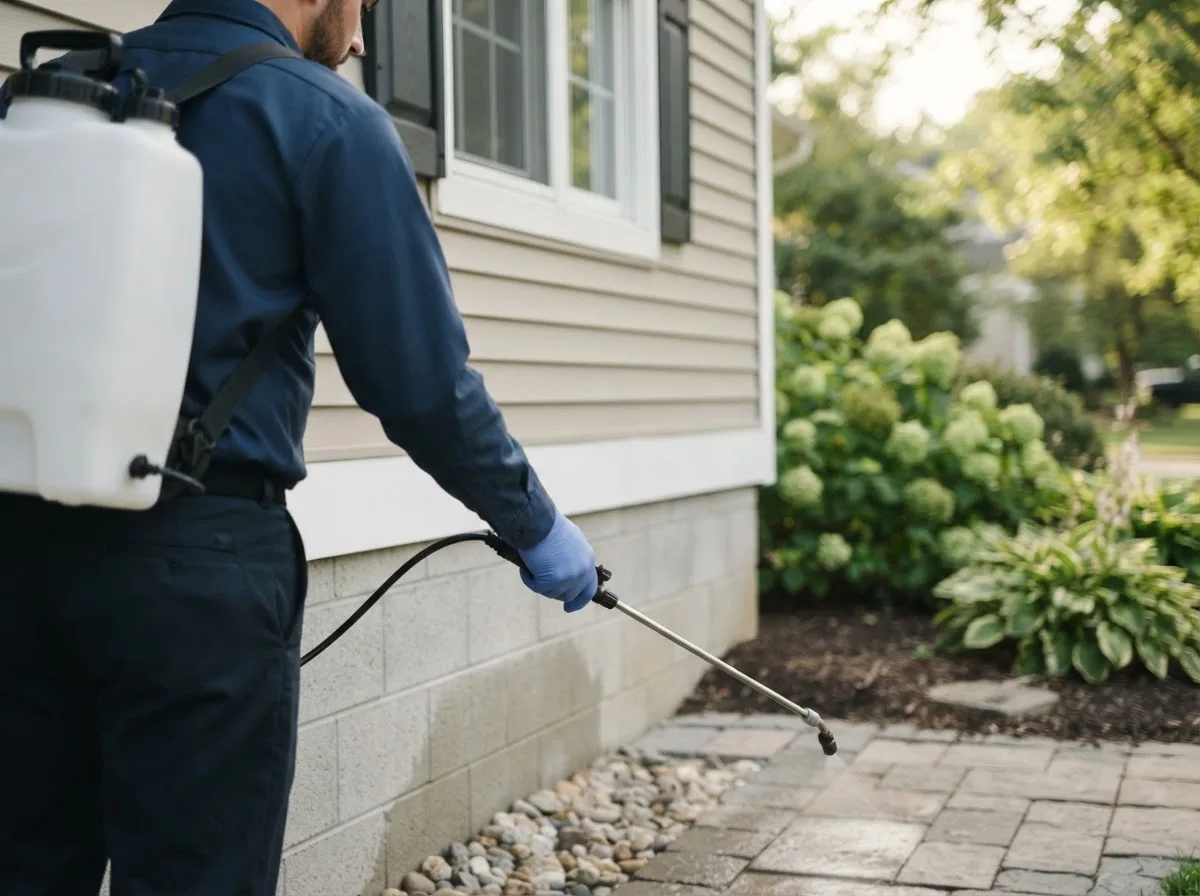 Pest control technician inspecting a home in Bison, OK